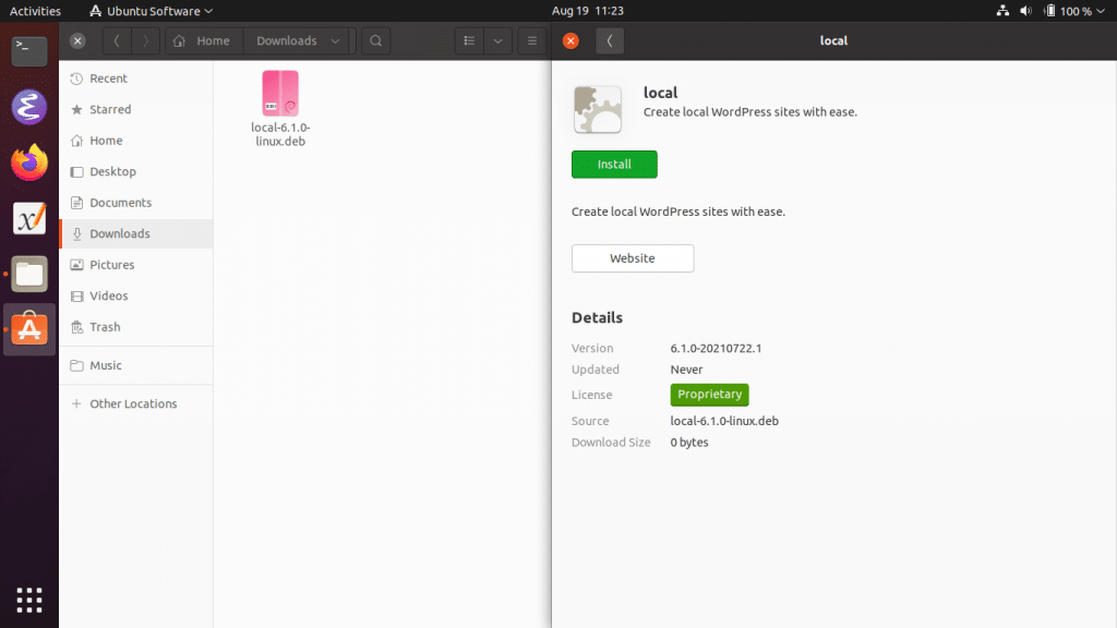 A screenshot of double-clicking on the Local installer opens the package manager for Ubuntu.