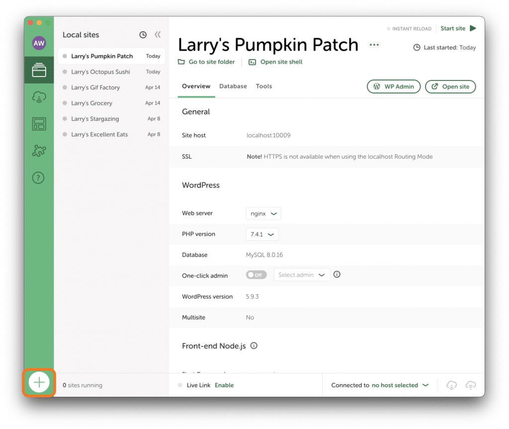 Create a new site in Local from the plus sign on the bottom right.