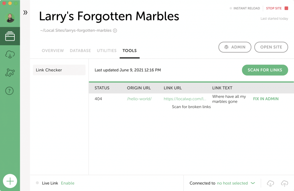 Screenshot of a site using the Link Checker add-on.
