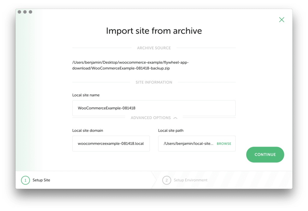 Options screen when importing a site into Local.