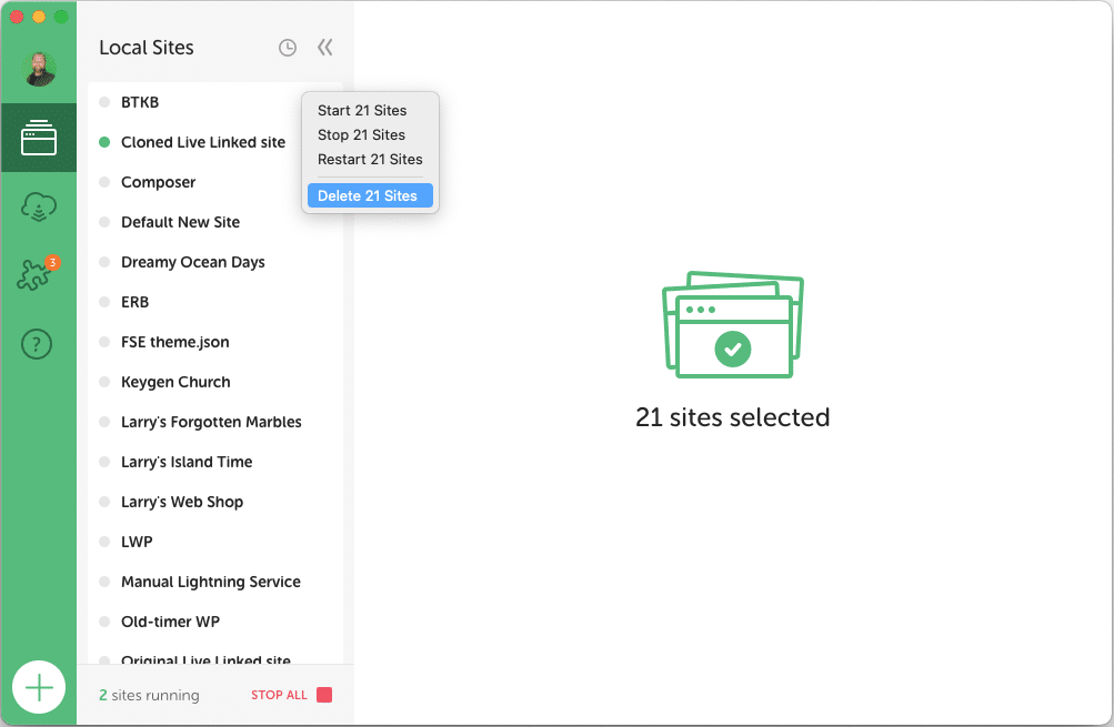 Screenshot showing how to bulk delete sites within the Local app.